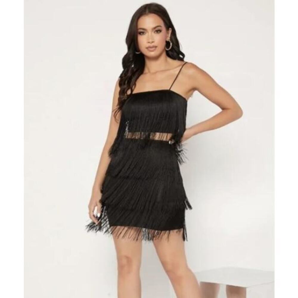 Sincerely Jules 2-Piece Fringe Skirt Set in Black Small Cami Top Dance Night Out